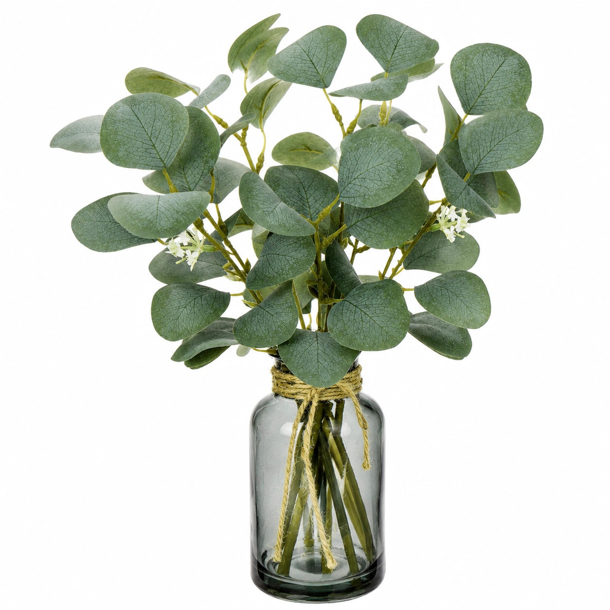 Bouquet artificiel de feuilles d'eucalyptus avec vase en verre transparent