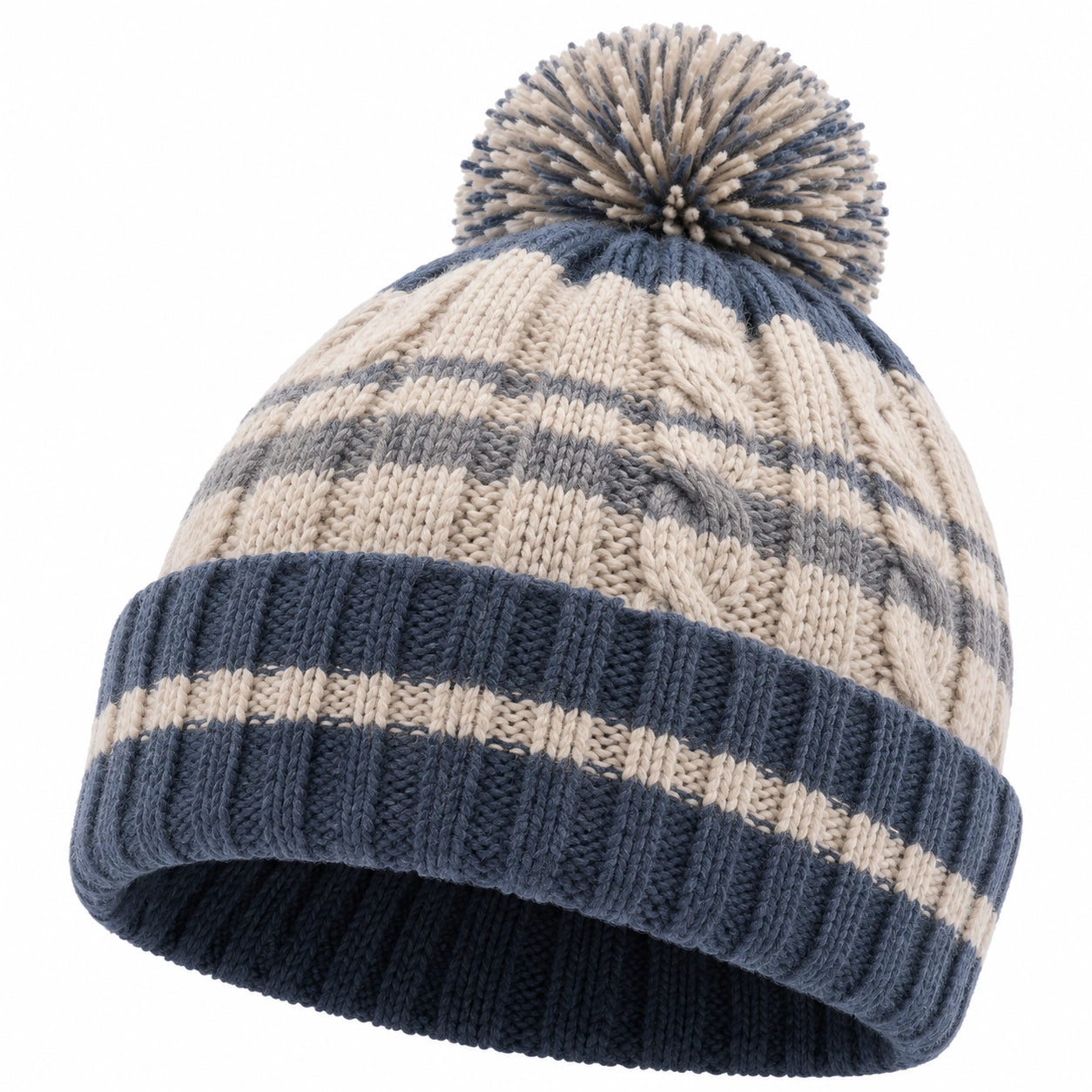 Bonnet d'Hiver à Pompon Rayé Bleu et Beige