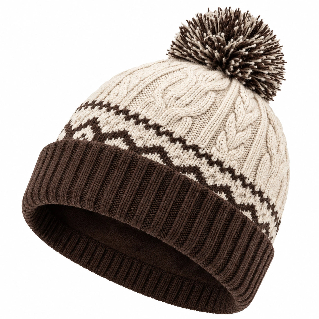 Bonnet d'hiver à pompon beige et marron