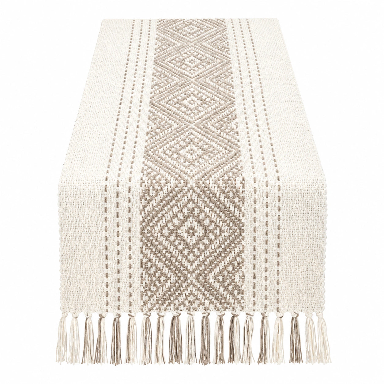 Chemin de Table Bohème Beige Motif Géométrique avec Franges