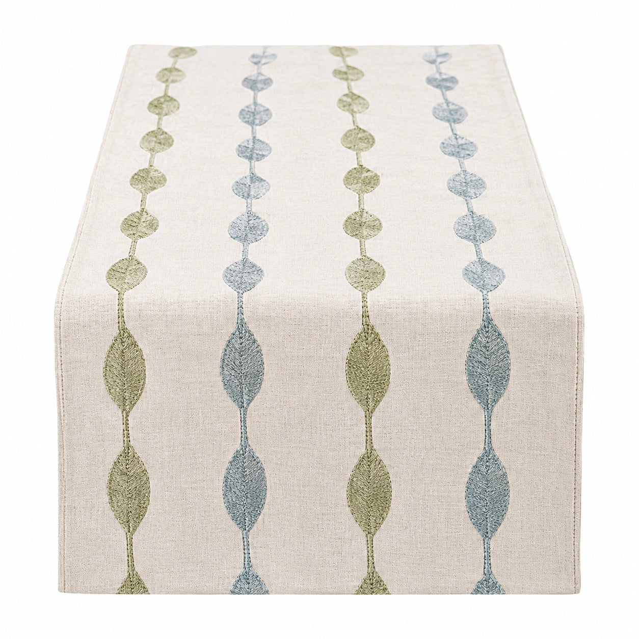 Chemin de Table Beige avec Motifs Brodés Verts et Bleus