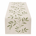 Chemin de Table Motif Feuilles Vertes sur Lin Beige