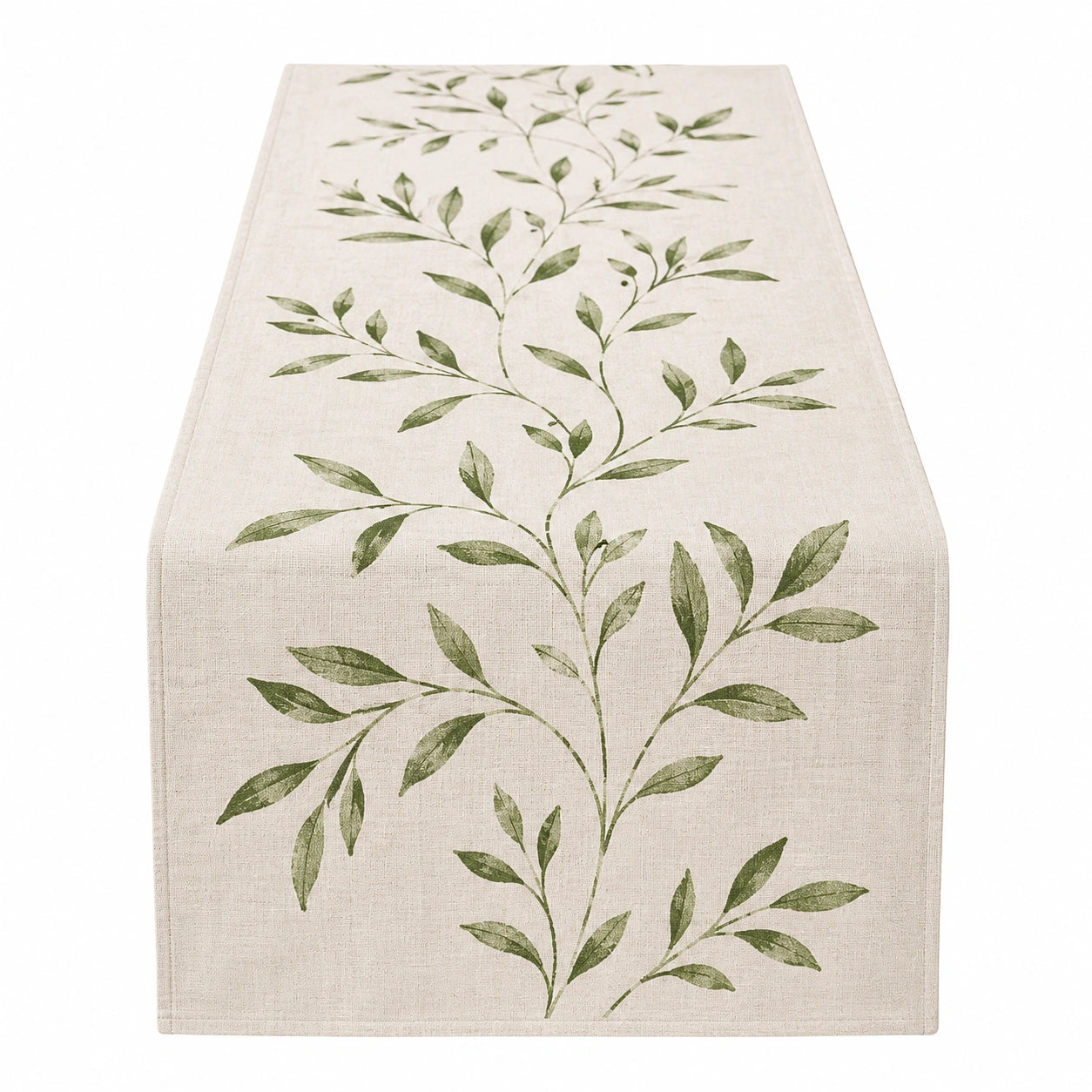 Chemin de Table Motif Feuilles Vertes sur Lin Beige