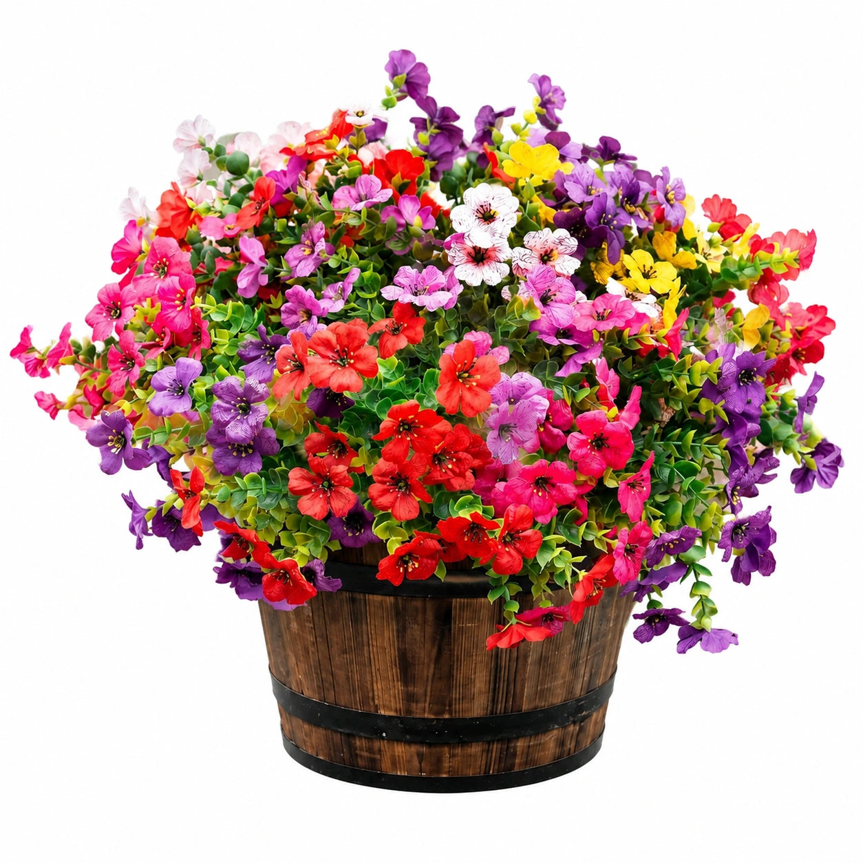 Composition florale artificielle en pot tonneau multicolore
