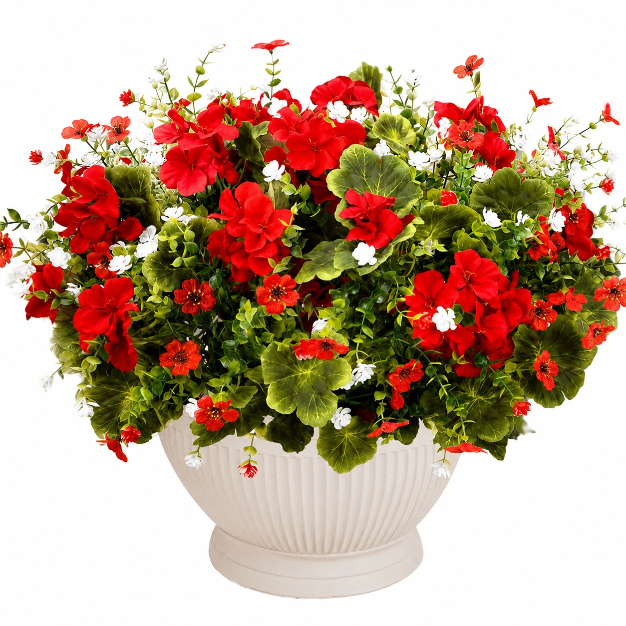 Composition de Géraniums Artificiels Rouge, Blanc et Vert en Pot
