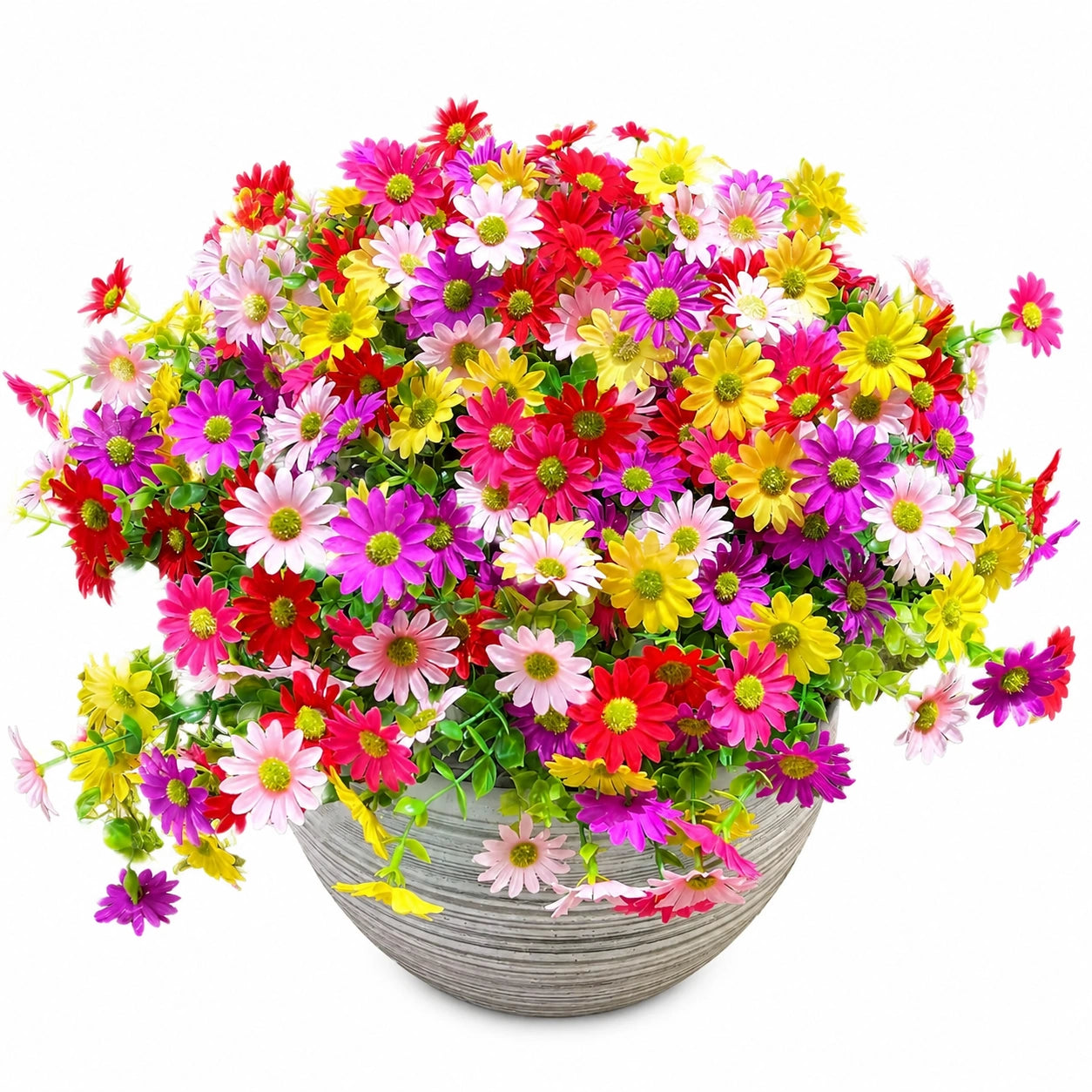 Bouquet de marguerites artificielles multicolores avec pot