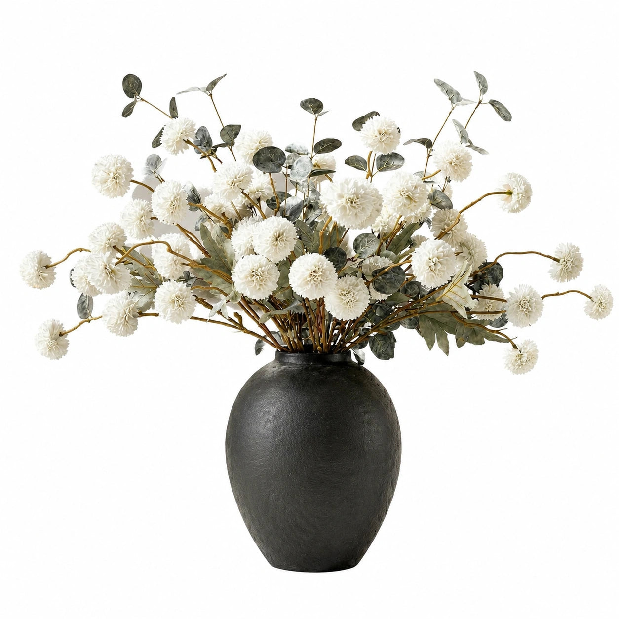 Arrangement Floral Artificiel Boules Blanches en Vase Noir